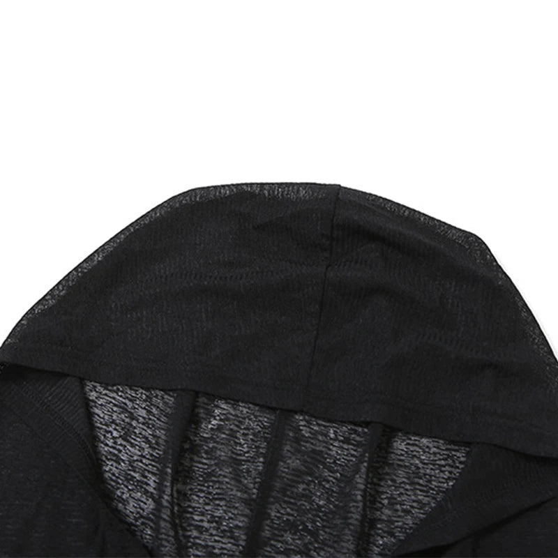 OMSJ Women Gothic 2024 Black Hooded Knitted High Split Long Dress Hollow Sexy See-through Straight Dress Festival Rave Club Wear