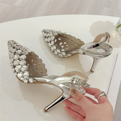 Eilyken Sexy Pointed Toe Women Pumps Elegant Crystal PVC Transparent Thin High Heels Slingback Party Prom Female Shoes