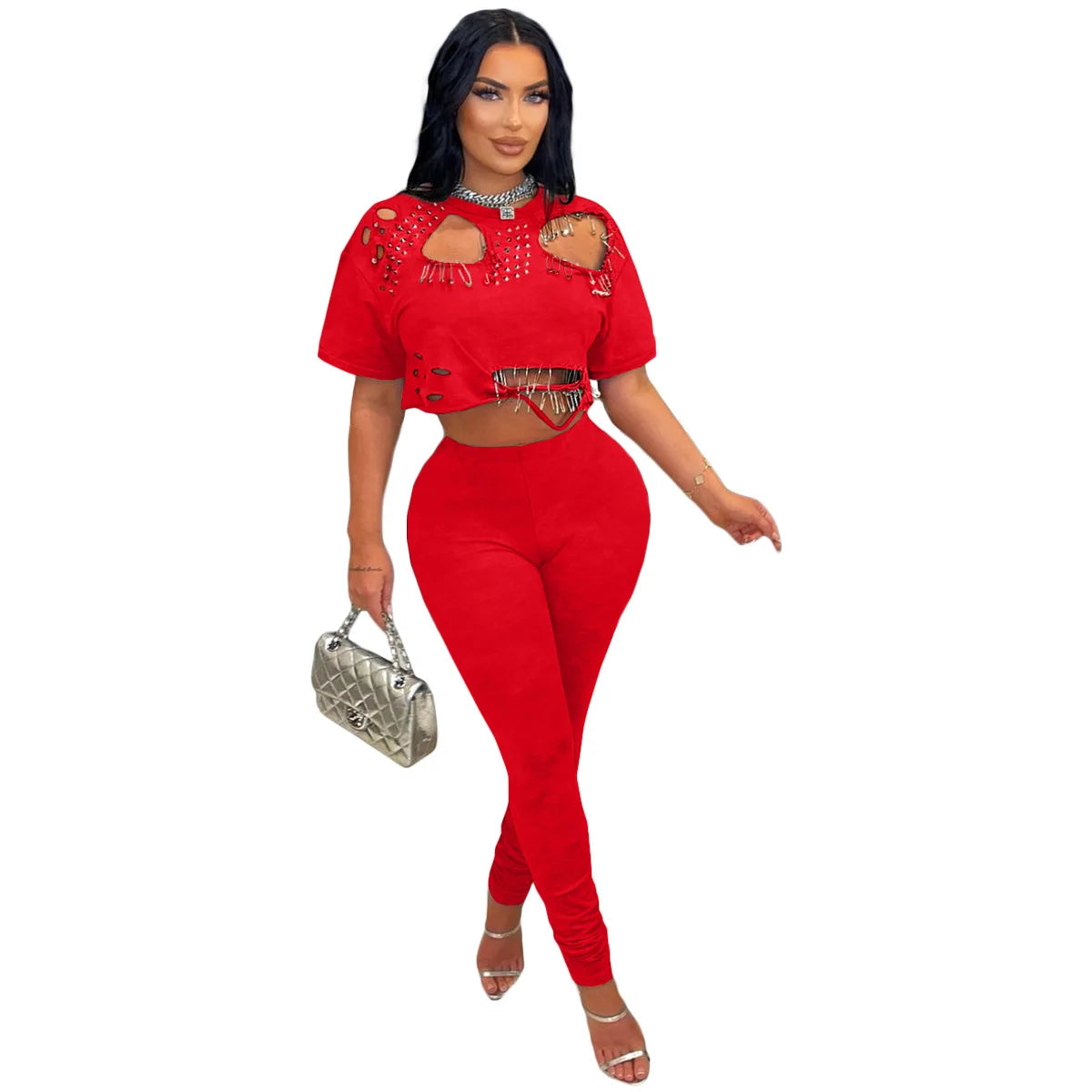 Spring Summer Fashion Solid Two Piece Set Women Sexy Perforated Round Neck Short Sleeve Top Tight Pants Casual Two Piece Set