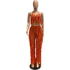 FAGADOER Sexy Hollow Out Tassels Pants Two Piece Sets Women Halter Sleeveless Backless Crop Top + Pants Outfit Female Streetwear