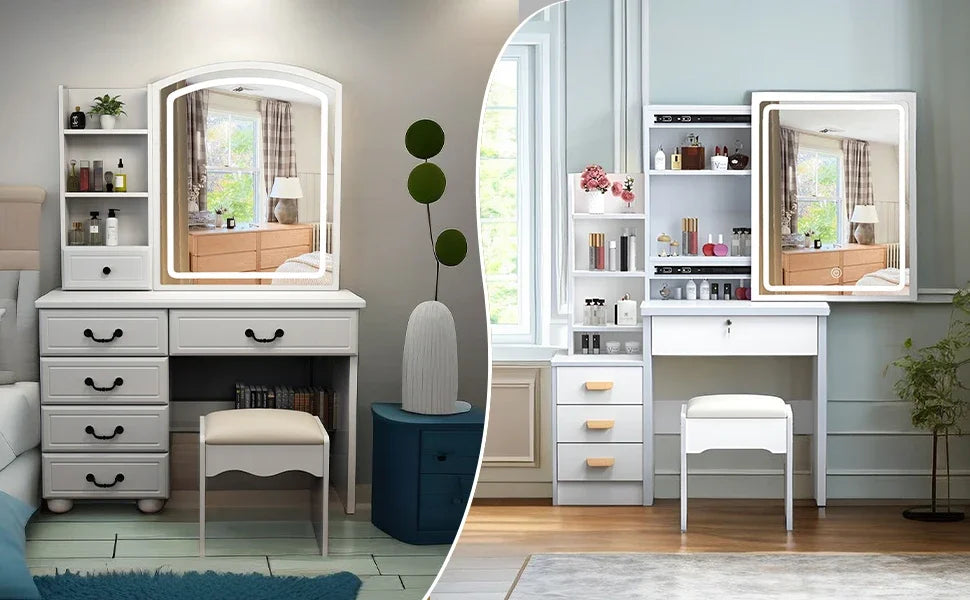 Makeup Vanity Set with Mirror and Light, Storage Drawer, Chair and Shelf, Adjustable Brightness Makeup Vanity with Light