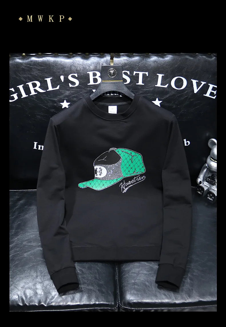Round Collar Men's Pullover New Male Hoodies Personalized Hat Hot Diamond Print Fashionable Top Youth Bottoming Shirt Clothing