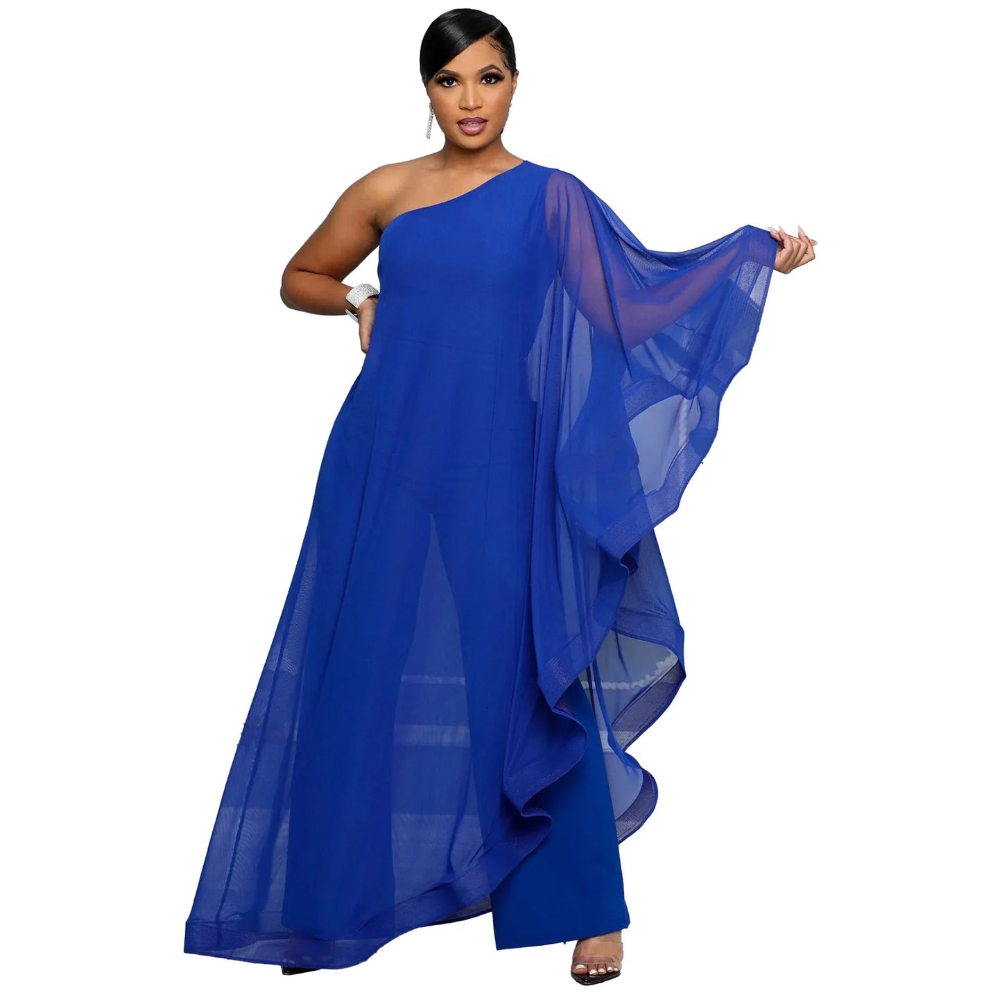 Sexy Chic Women One Shoulder Jumpsuit Chiffon Long Sleeve Prom Party Clothes Designer One Piece Ruffles Rompers 2023