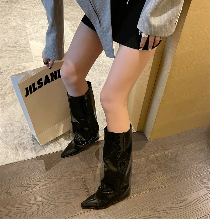 Designer Women Trouser Legs High Boots Fashion Side Zippers Long Boots Thick High Heels Autumn Winter Ladies Shoes