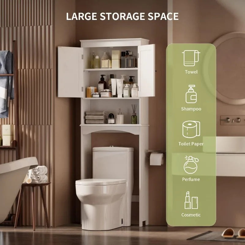 The Toilet Storage Cabinet with Adjustable Shelf and Double Doors Bathroom Space Saver Organizer Above Toilet with Open Shelf