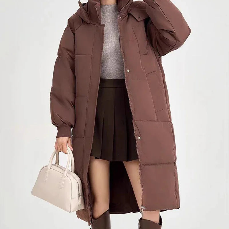 EVNISI Women Casual Thicken Warm Hooded Long Coat Long Sleeve Down Coat Zipper Pocket Parkas Women Office Coat Autumn Winter