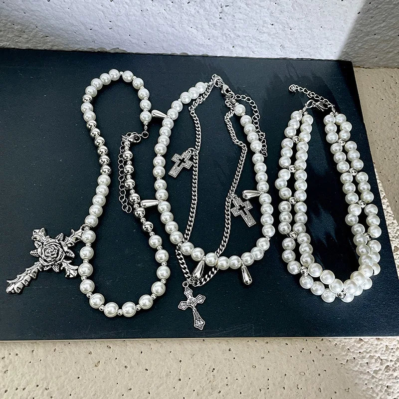 Goth Rose Flower Imitation Pearl Bead Cross Pendant Necklace for Women Multilayer Pearl Chains Aesthetic Vintage Luxury Jewelry