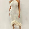 Weird Puss Knit Backless Dress Women Sleeveless Halter Summer Sexy Tassel Irregular Hem Clubwear Stretch Hipster Party Vestidos
