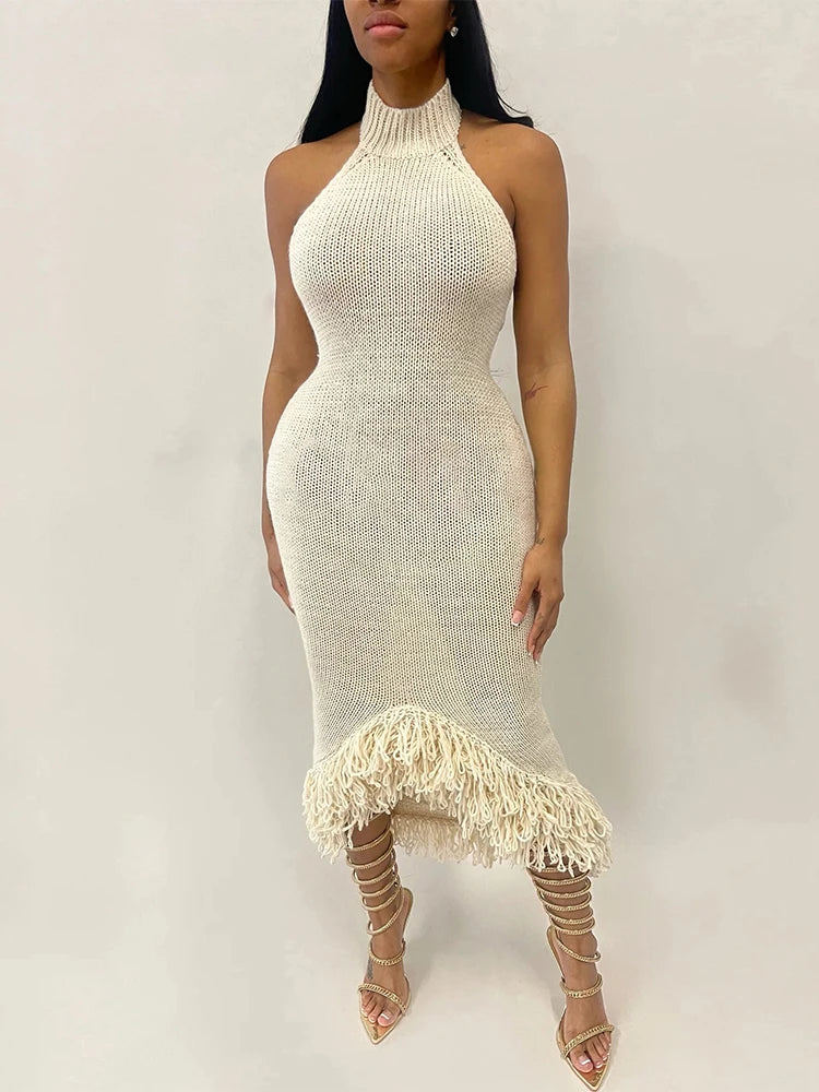 Weird Puss Knit Backless Dress Women Sleeveless Halter Summer Sexy Tassel Irregular Hem Clubwear Stretch Hipster Party Vestidos