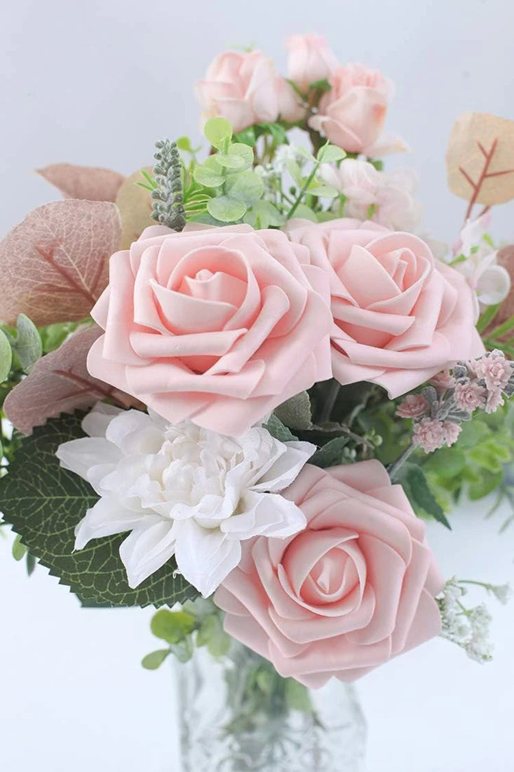 Artificial Flowers 25pcs Real Looking Blush Foam Fake Roses with Stems for DIY Wedding Bouquets Bridal Shower Centerpieces
