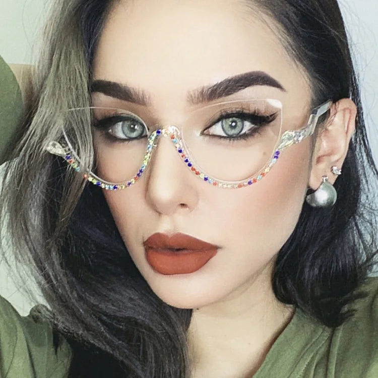Vintage Half Frame Diamond Anti Blue Light Optical Glasses Frames Brand Designer Women Fashion Cat Eye Computer Eyeglasses