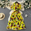 2024 Summer Women Floral Pleated Dress Vintage Turn-Down Collar Short Sleeve Single Breasted Printed Draped Midi Vestidos New