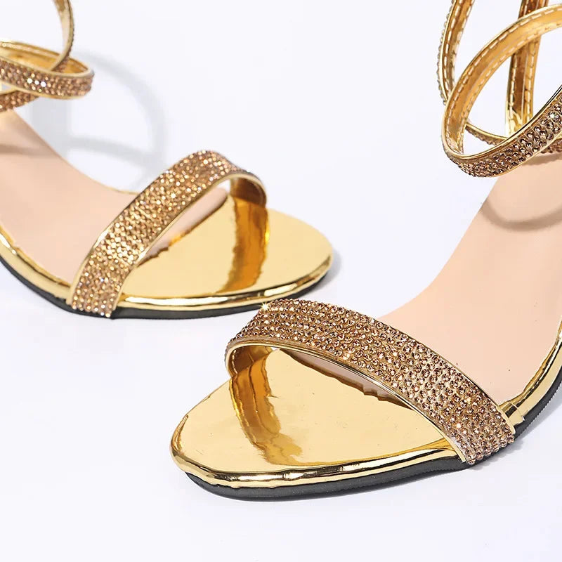 Shiny Gold Rhinestones Chunky Heels Sandals Women Sexy Cross Ankle Strap Silver High Heels Summer Party Dress Shoes Ladies Pumps