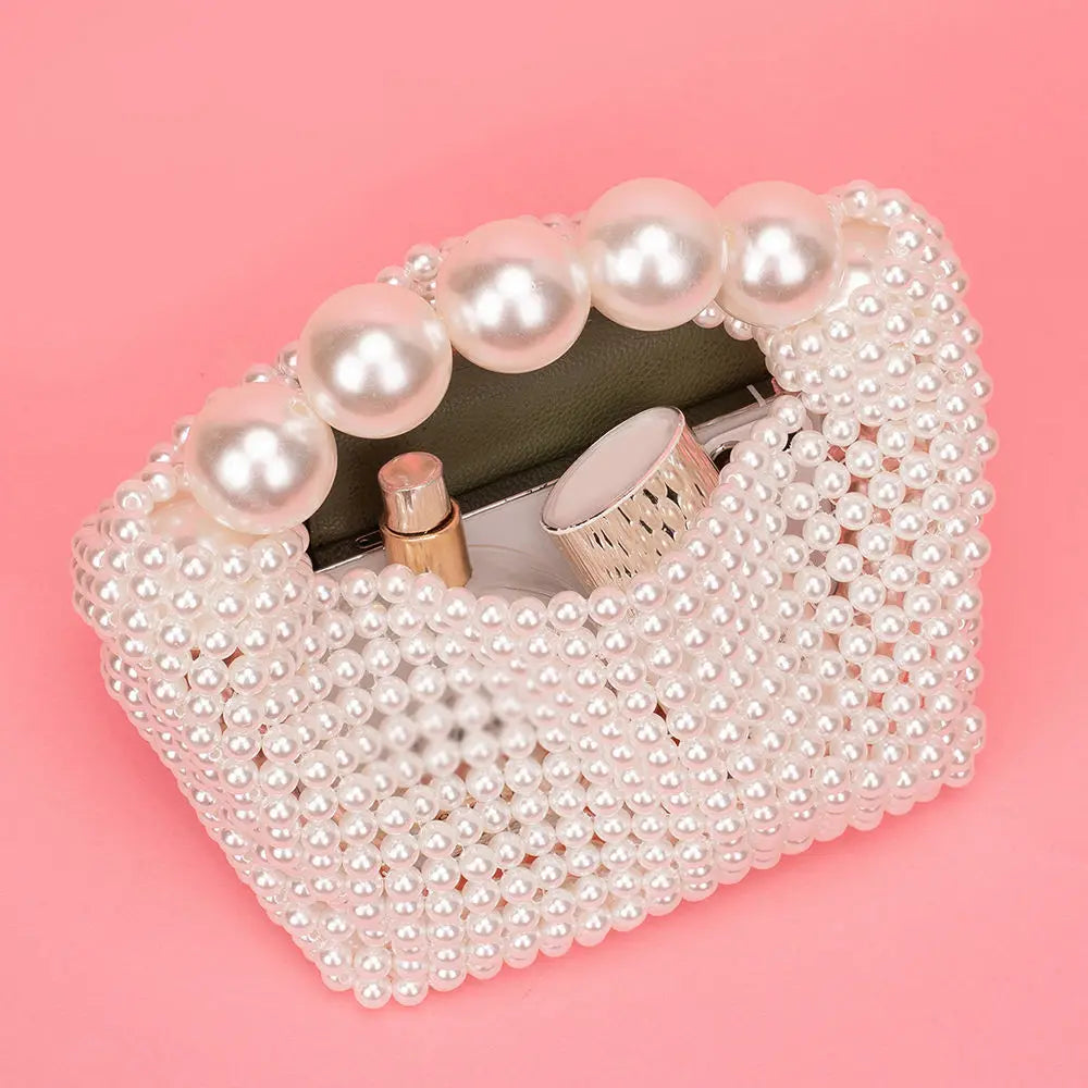 European and American style new beaded handbag Summer women's pearl bag hand woven wrist bag Fashion temperament handbag