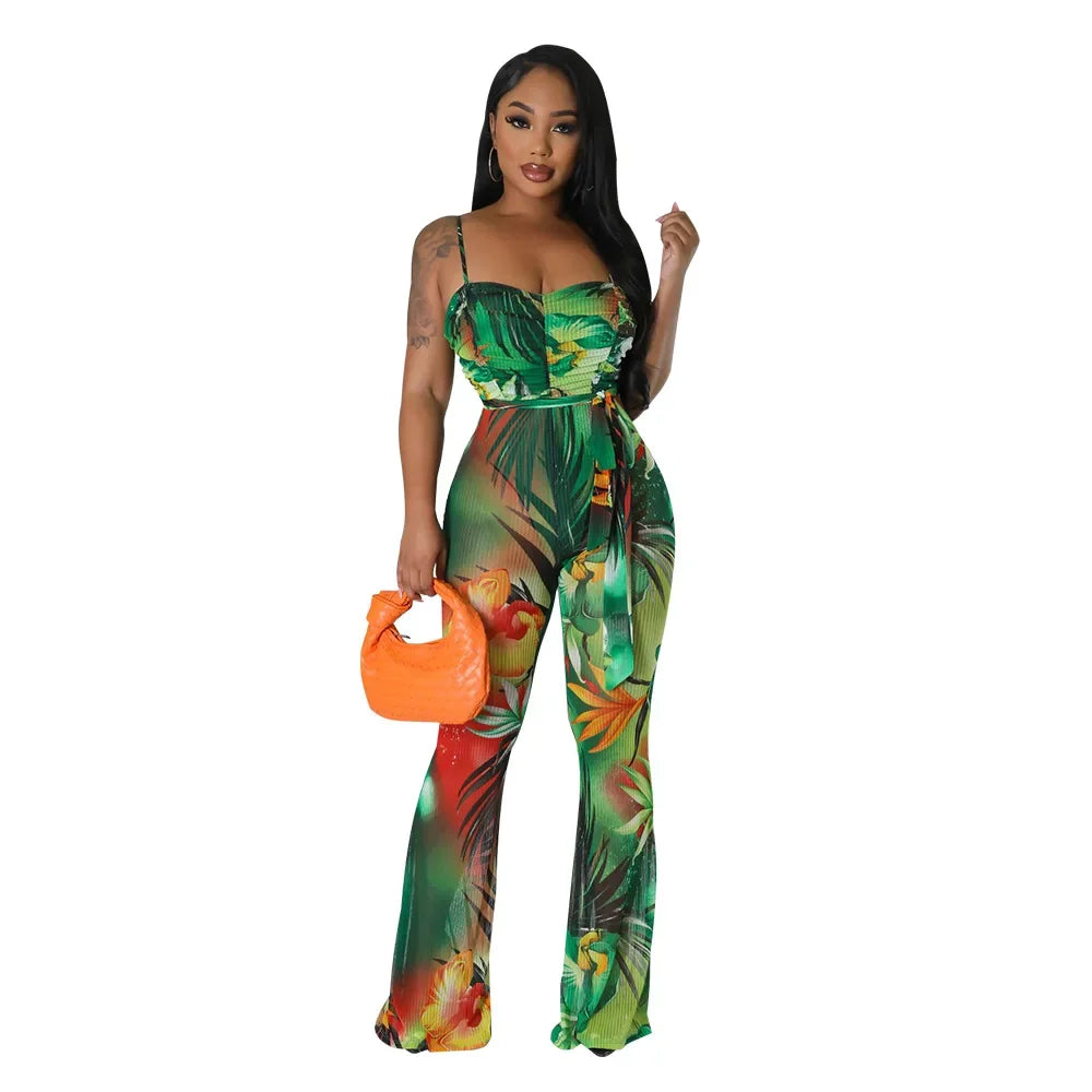 Floral Printed Jumpsuits Summer Outfits for Women 2024 Clubwear Spaghetti Strap Skinny One Pieces Romper Summer Beach Wear