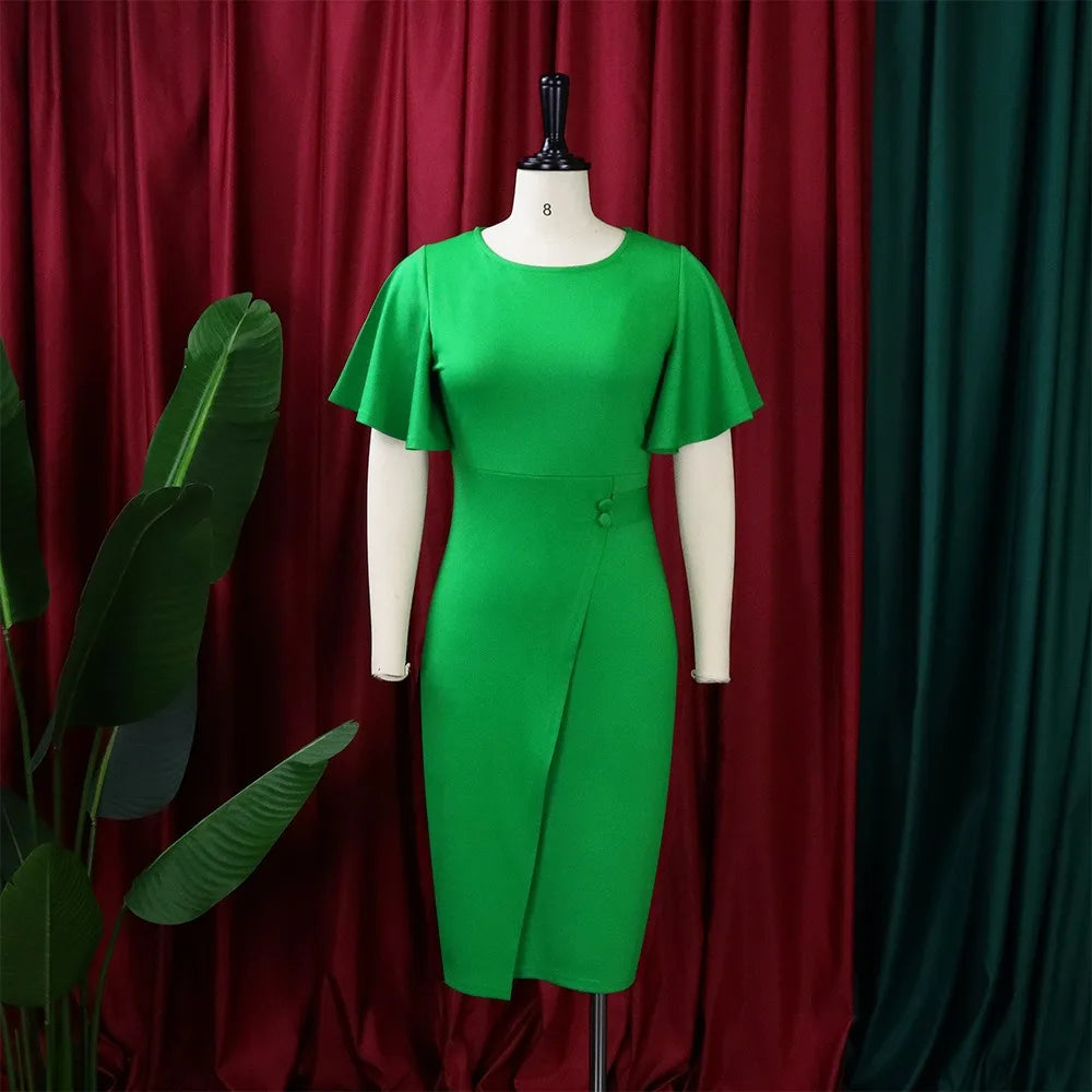 Dress Women Mid Length Dresses Green Slim Ruffles Bodycon Round Neck Short Sleeve Sexy Elegant Party High Waist Vestidos