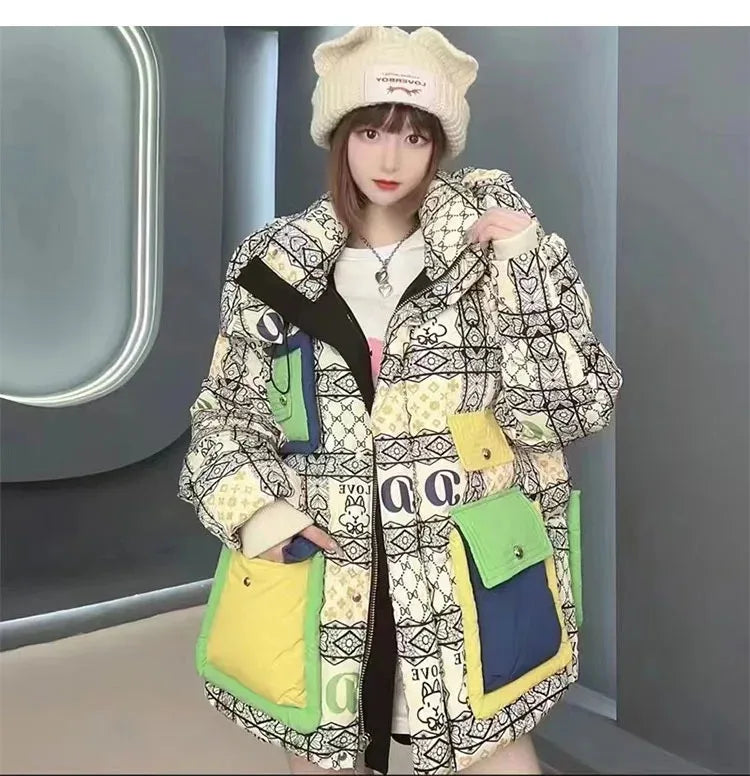 2023 European Station Winter New Down Jacket Women's Warm Fashion Short Color Patchwork Graffiti thick White Duck Down Coa