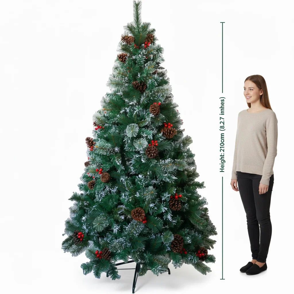 6/7FT Realistic Green Artificial Christmas Tree,Unlit,Decorated with Natural Pinecones & Holly Berries, Quick Setup,Metal Stand