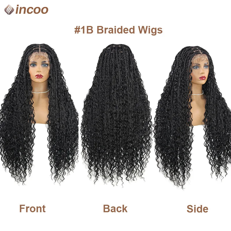 Boho Box Braided Wigs Curly Hair Synthetic Full Lace Front Wigs for Black Women Goddess Locs Braid Wig Bohemian Box Braid Wig