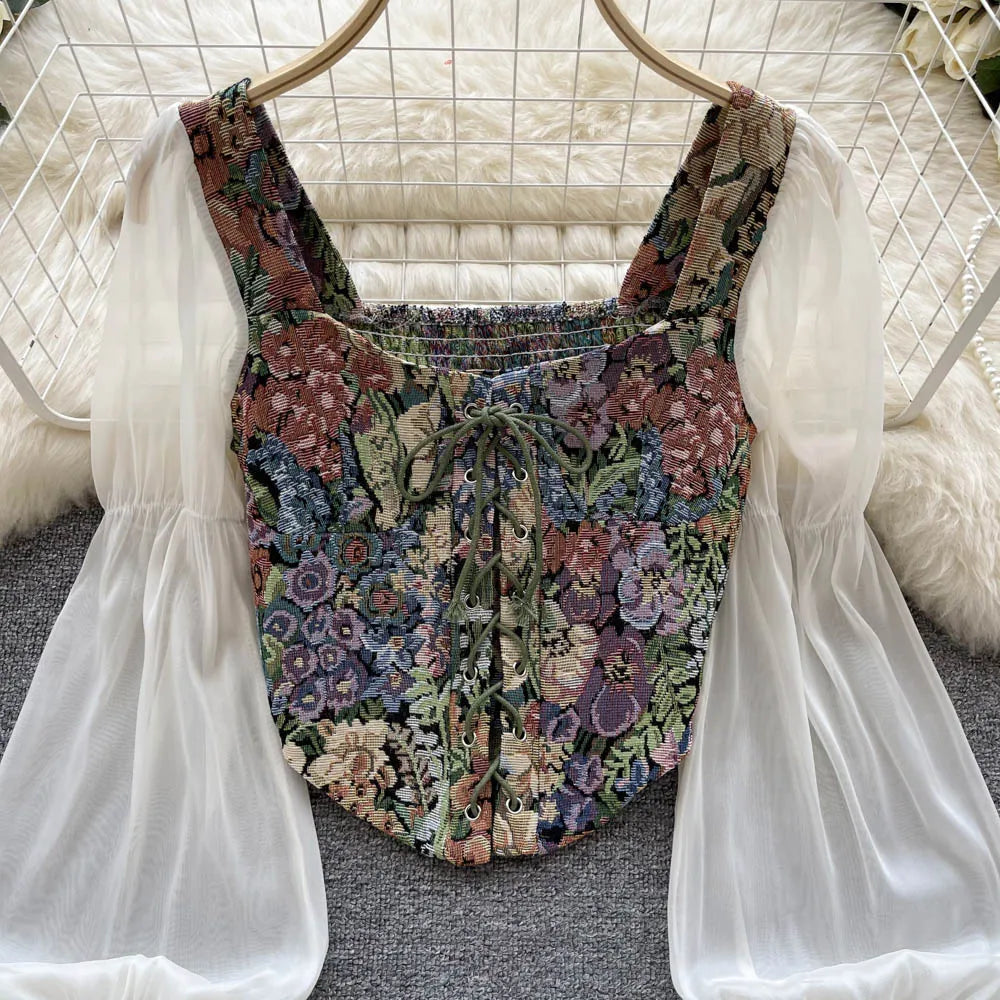 YuooMuoo Women Tops 2025 Spring Retro Y2K Rose Flower Print Long Sleeve Gothic Shirts Fashion Irregular Bandage Party Blouses