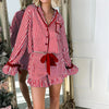 Striped Loungewear Christmas Pajamas Shorts Set Women Y2k Cute Bow Tie Pjs Button Up Shirt+Ruffle Shorts 2 Piece Sleepwear