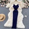 Summer V Neck Knit Sexy Strap Dress Women Elatic Waist Bodycon Sundress Female Beach Backless Maxi Long Dress
