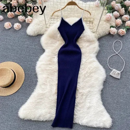 Summer V Neck Knit Sexy Strap Dress Women Elatic Waist Bodycon Sundress Female Beach Backless Maxi Long Dress