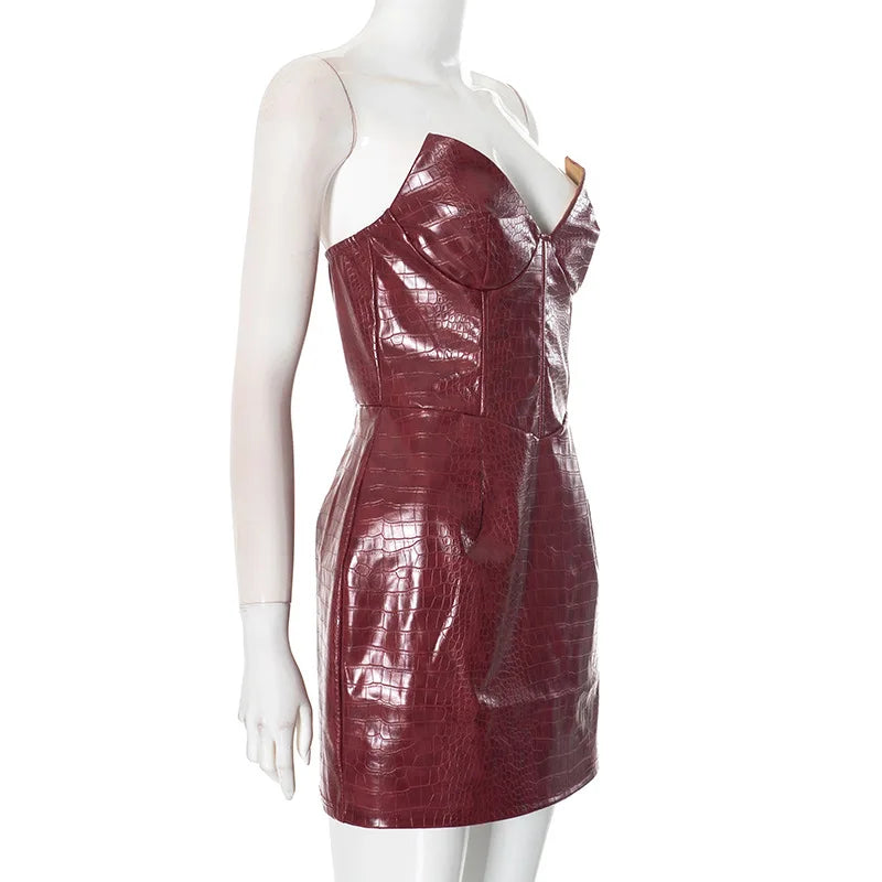 Luxury Leather Strapless Short Dress Womens Sleeveless Backless Sexy Crocodile Skin Pattern Party Dresses 2025 Evening Red Brown