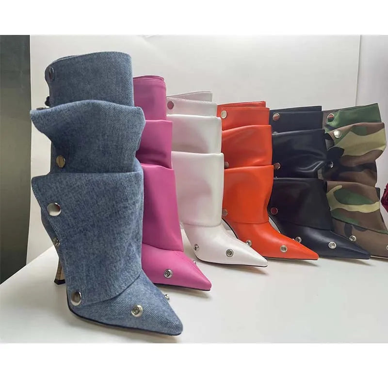 2025 Classics Women Pointed Toe Strange Heels Boots For Woman's Rivet Button Zipper-Sid Solid Color High Heels Shoes Botas Altas