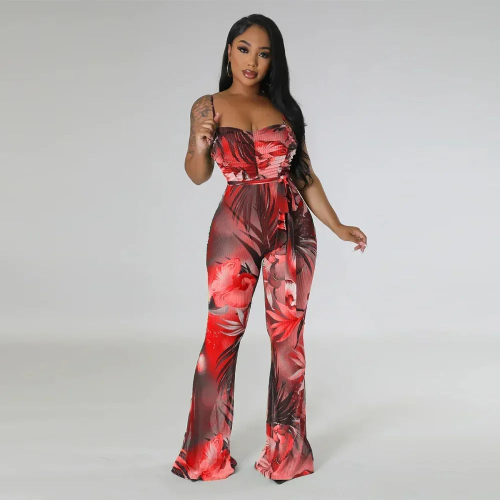 Floral Printed Jumpsuits Summer Outfits for Women 2024 Clubwear Spaghetti Strap Skinny One Pieces Romper Summer Beach Wear