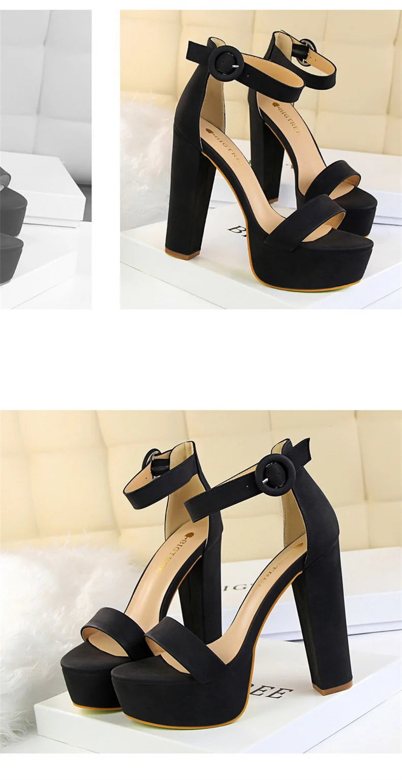 Fashion Women Pumps Sandals Summer Platform Belt Buckle Strap PU Square Heel Outdoor Korean Style Black Open Toe Grace 1550-1