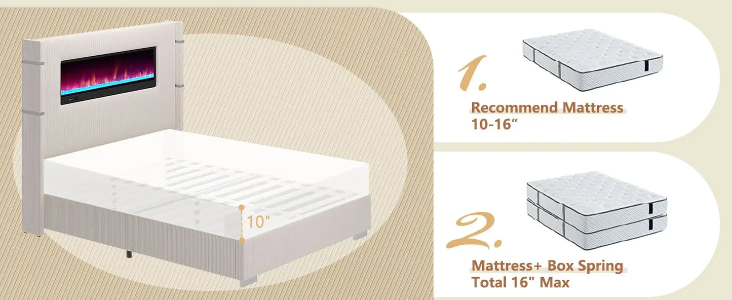 Bed Frame with Fireplace,Wingback Platform Bed Frame with 60.4“ Extra Tall Headboard,Corduroy Upholstered Bed Frame Wooden Slats