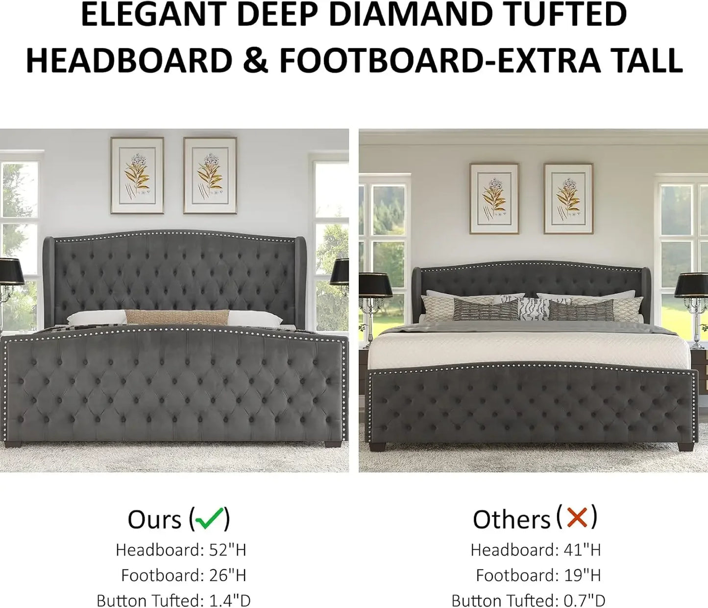 King Size Platform Bed Frame, Velvet Upholstered Bed with Deep Button Tufted & Nailhead Trim Wingback Headboard
