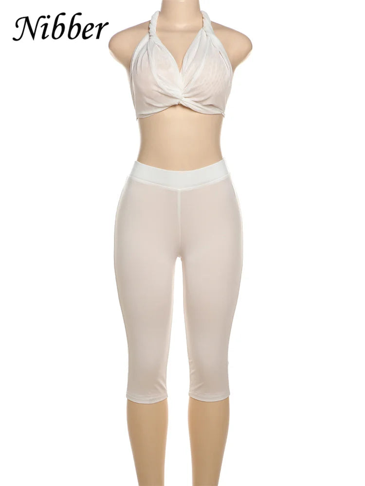 Nibber Sexy See Through Women 2 Piece Set Summer Trend Mesh Thin Whip Halter Tank Tops+Wide Waist Shorts Matching Street Outfits