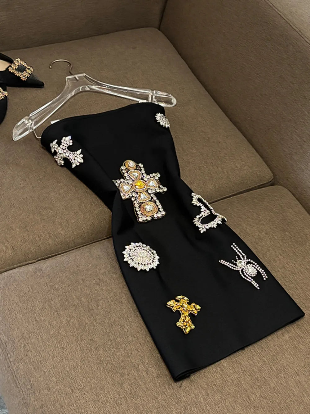 TWOTWINSTYLE Solid Spliced Diamonds Slimming Dresses For Women Strapless Sleeveless Backless Chic Dress Female Fashion KDR524979