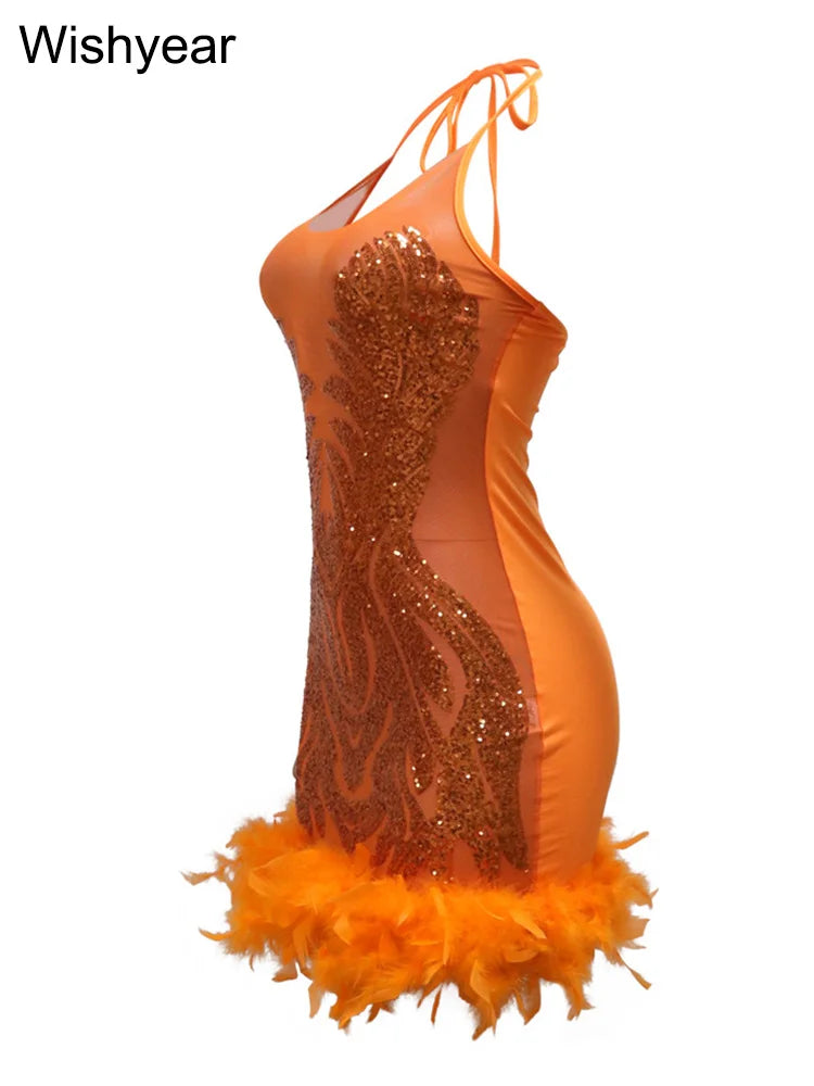 Elegant Luxury Sequins See Through Feather Mini Dress Celebrity Halter Backless Women‘s Sexy Birthday Party Nightclub Vestidos