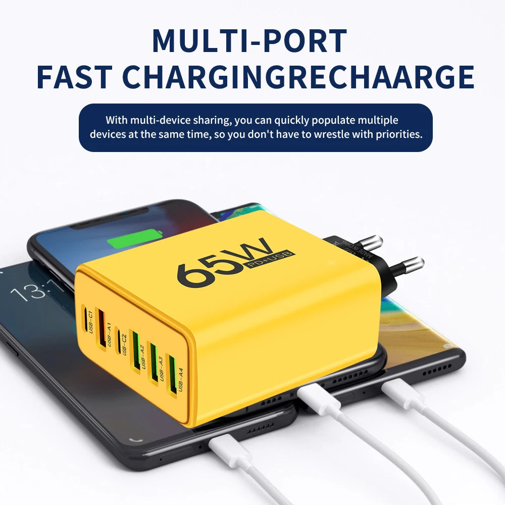 65W USB C Charger 6 Ports Fast Charging Wall Charger for iPhone 15 14 Pro Max Samsung Galaxy S23 Xiaomi 14 Mobile Phone Charger