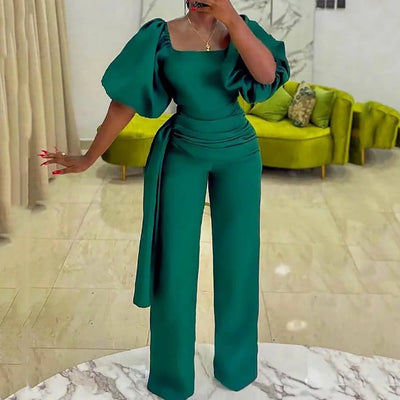 Elegant Jumpsuits for Women Luxury Square Neck Lantern Sleeve Big Swing Straight Female Birthday Party Dinner Outfits Overalls