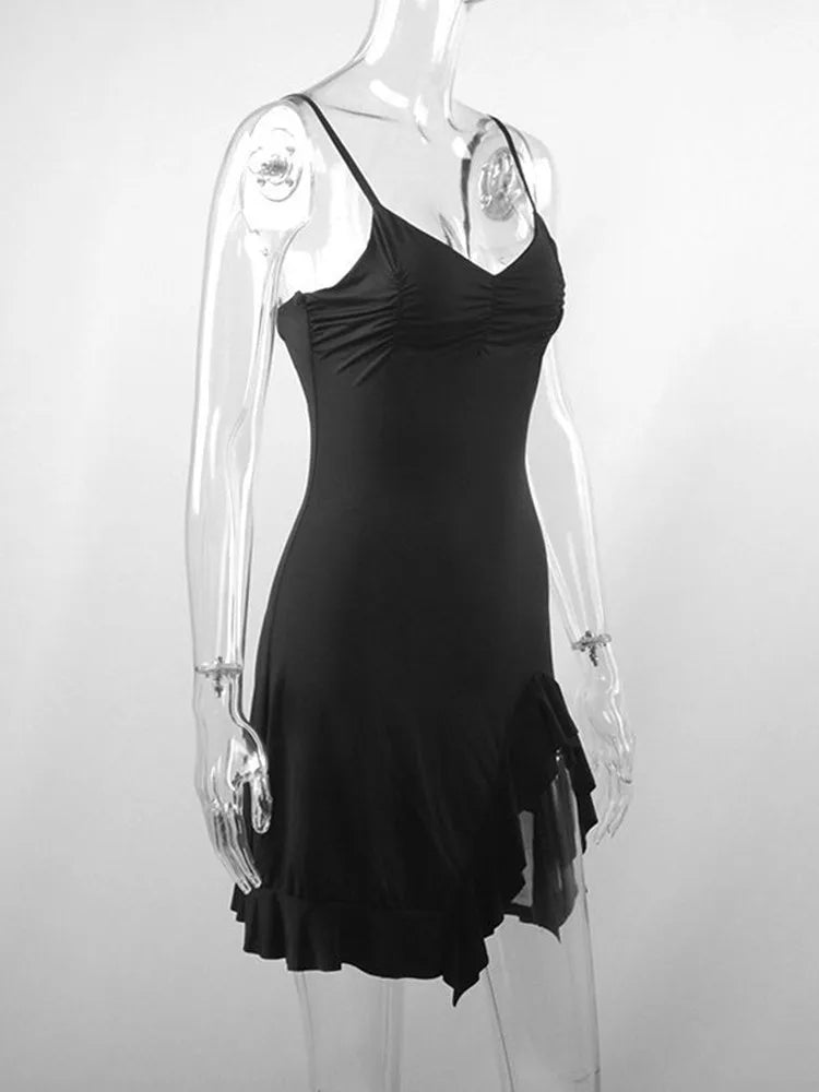 Sexy Summer Mini Dress Women New Black Fashion Streetwear Sleeveless Backless Folds Split Dress Elegant Party Strap A-LINE Dress