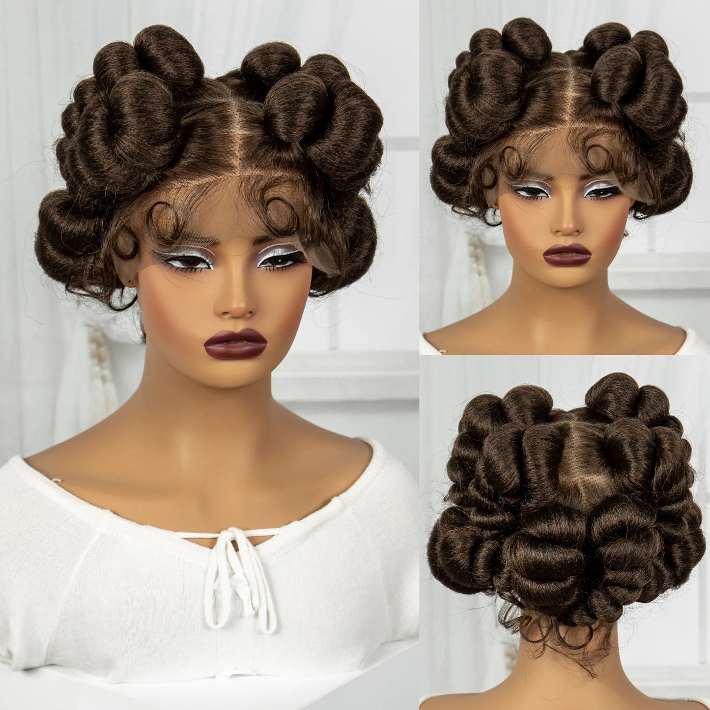 Natural Color 6Inch Transparent Full Lace Braided Wigs Short Cute Handmade Bantu Synthetic Braided Lace Wigs Knotless Braids Wig
