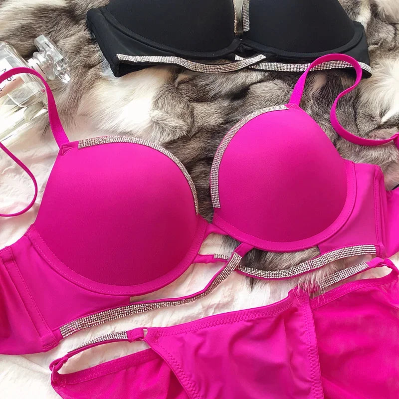2 Pieces Sexy Underwear Set for Women Classic Cross Hollow Bra Sparkle Rhinestones Lingerie Deep V Push Up Brassiere Set