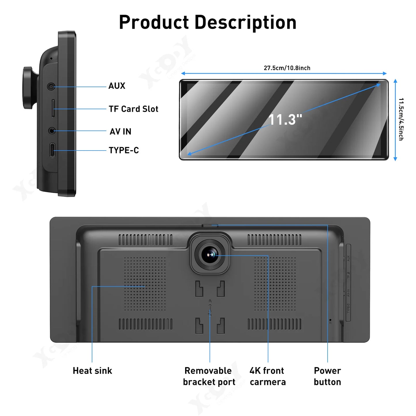 XGODY 11.3" 4K Dash Cam Wireless Carplay Android Auto Car DVR GPS WiFi Navigation Rearview Camera Dashboard Video