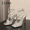 Liyke Summer Blue Denim Sandals Women Elegant Square Toe Party Wedding High Heels Crystal Buckle Narrow Band Female Dress Shoes