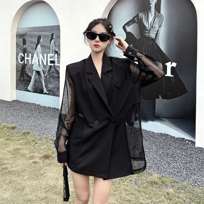 Fashion Hollow Out Mesh Patchwork Blazer for Women Y2K Korean Chic Net Long Sleeves Loose Black Coat Gothic Casual Suit Jacket