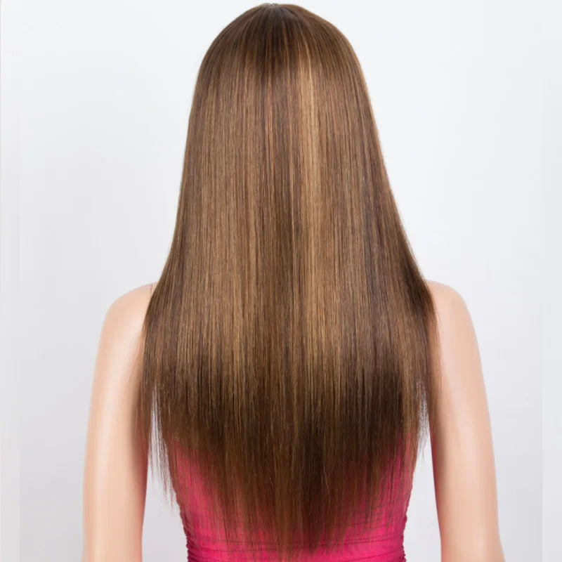 Rebecca 180D Straight Human Hair Wig With Bangs Fringe For Women Highlight Straight Bob Wigs Full Machine Made Put On And Go