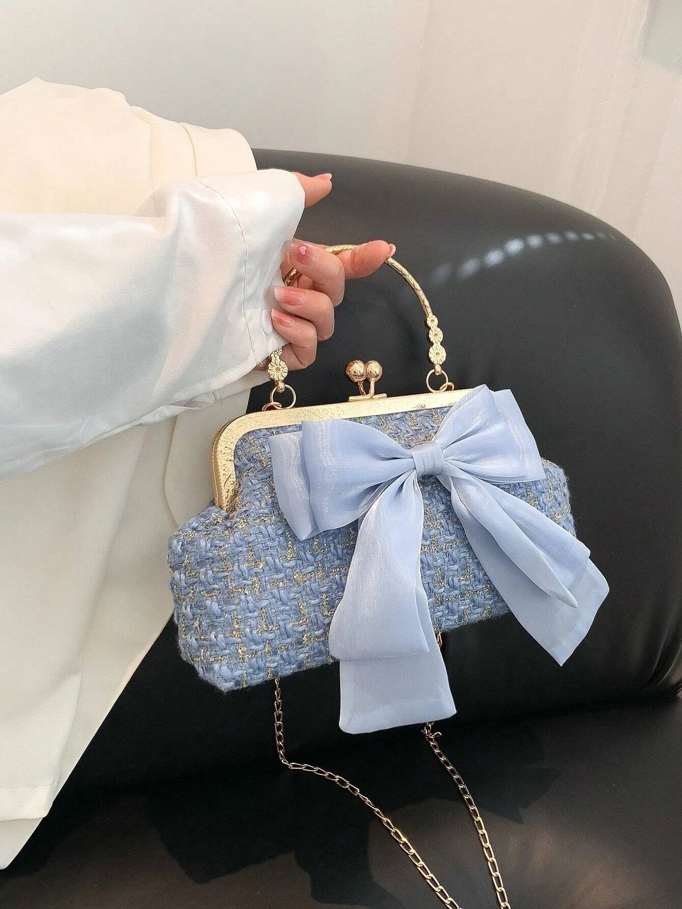 Glittering Chain Plaid Pattern Evening Bag For Women Bow Decor Shoulder Bag, Fashionable Elegant Clutch, Women‘s Crossbody Bag