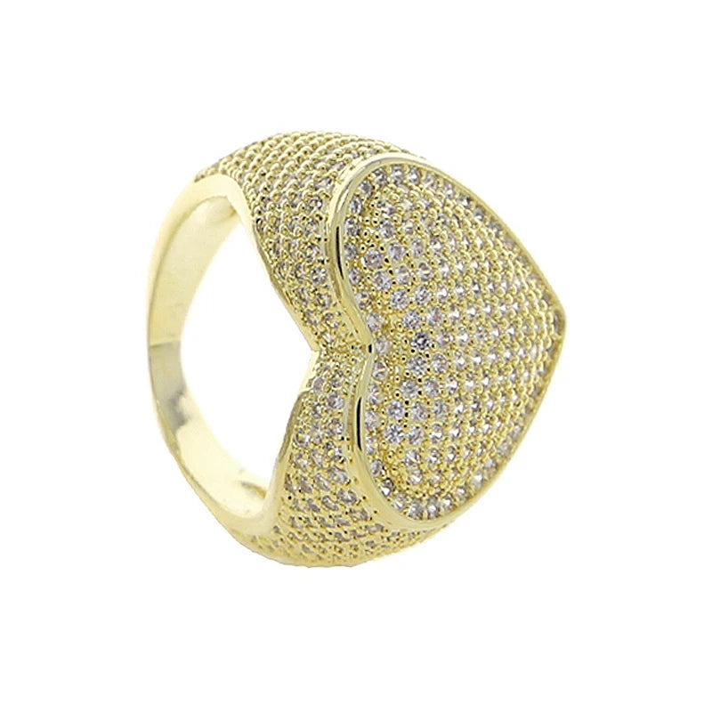 New Full Iced Out Bling Hollow Heart Ring Gold Silver Color 5A CZ Micro Pave Cubic Zircon Rings Hip Hop Punk Men Women Jewelry