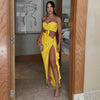 Hugcitar Fashion 2 Pcs Sets Strapless Tie Flower Draped Sexy Crop Tank Top Slit Tassel Maxi Skirt Women Outfit Festival Party