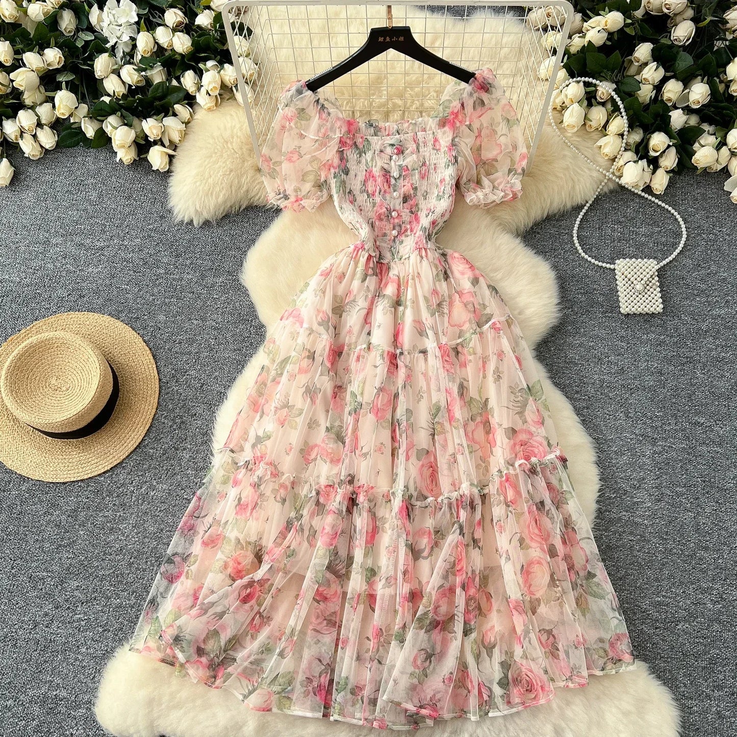 Elegant Slash Neck Vintage Short Puff Sleeve Chic Print Slim Chiffon Dresses French High Street Evening Autumn Mesh Clothing