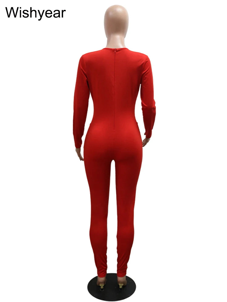 New Full Sleeve V-neck Skinny Pencil Pants Women Jumpsuits Rhinestone Birthday Rompers One Piece Night Club Evening Outfits 2025